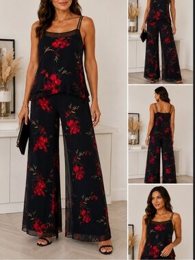 Joseph Ribkoff Matching Floral Evening Set Sheer Layered Cami Palazzo Pants S